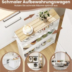 13 cm schlanker Aufbewahrungswagen mit Ladestation 4-stufiger rollbarer Küchenwagen mit Griff Natur + Weiß