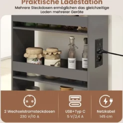 20 cm schlanker Aufbewahrungswagen mit Ladestation 4-stufiger rollbarer Küchenwagen mit Griff Grau