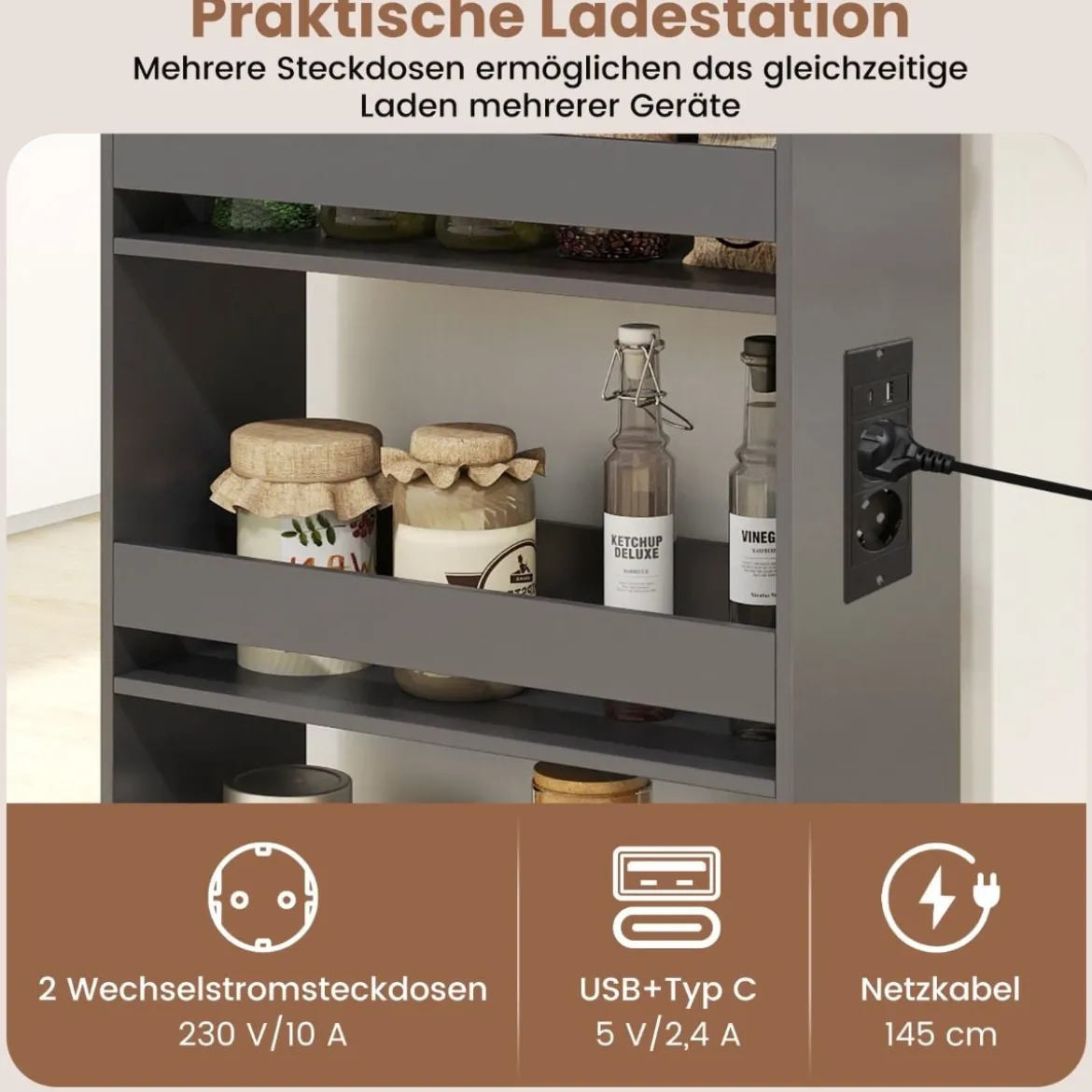 20 cm schlanker Aufbewahrungswagen mit Ladestation 4-stufiger rollbarer Küchenwagen mit Griff Grau