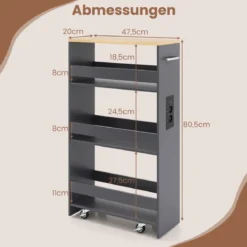 20 cm schlanker Aufbewahrungswagen mit Ladestation 4-stufiger rollbarer Küchenwagen mit Griff Grau