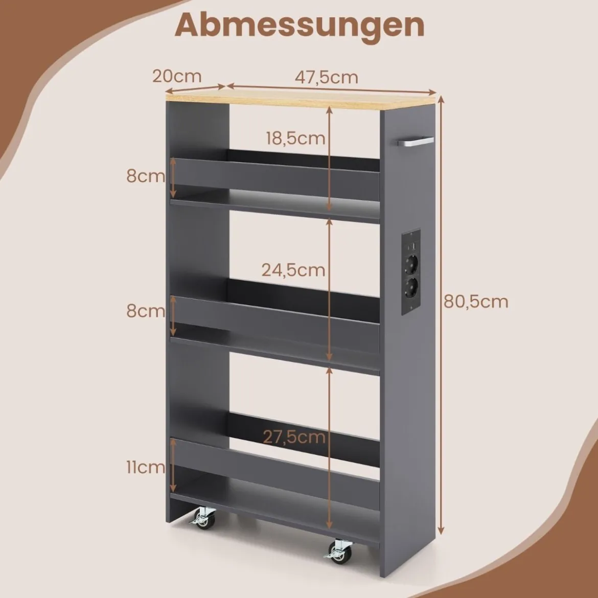 20 cm schlanker Aufbewahrungswagen mit Ladestation 4-stufiger rollbarer Küchenwagen mit Griff Grau