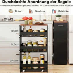 25 cm Schlanker Küchenwagen mit Ladestation 4-stufiger Rollbarer Aufbewahrungswagen Schwarz + Braun