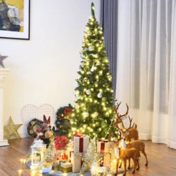 200 cm Schmaler Weihnachtsbaum mit Warmweißen LEDs Künstlicher Tannenbaum Grün