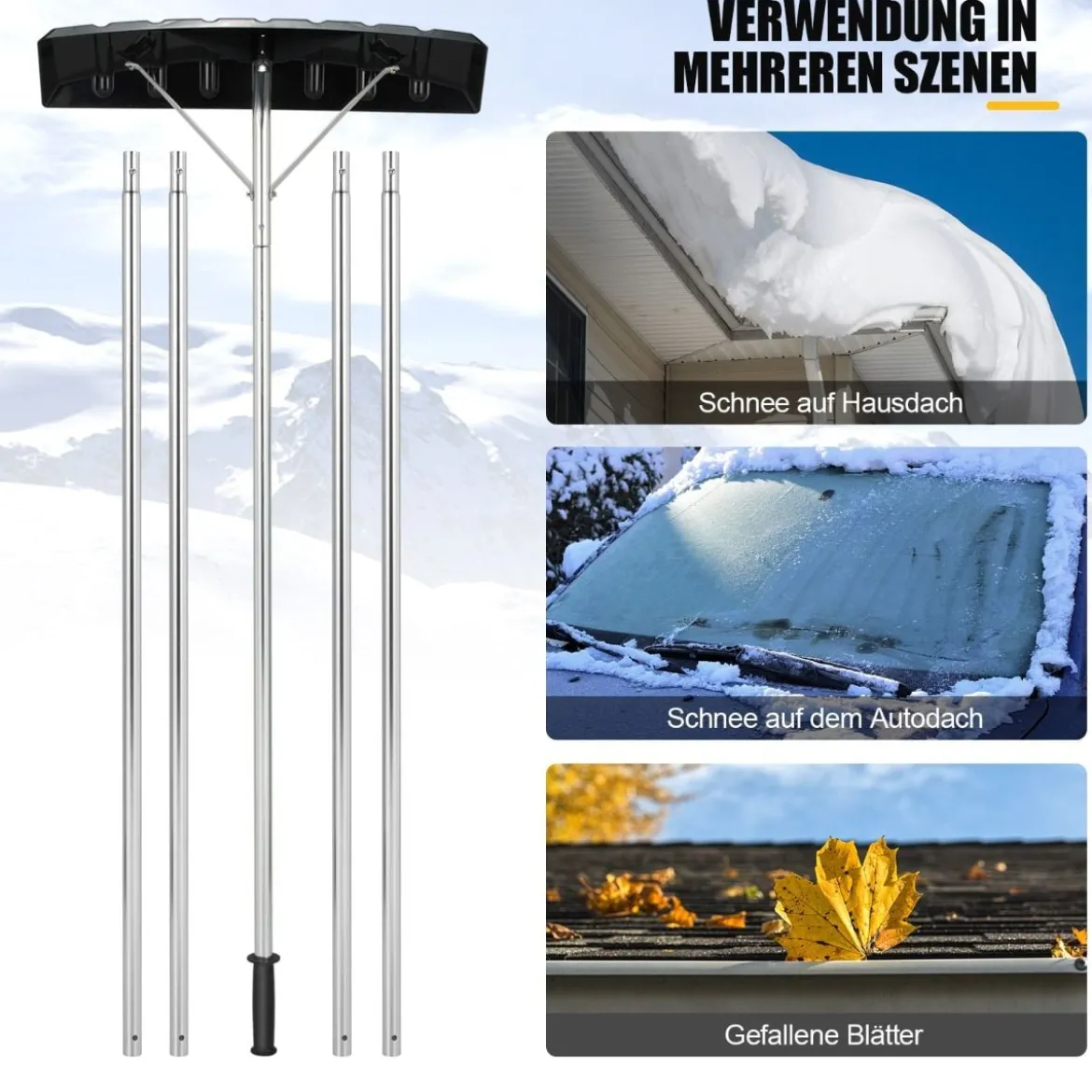 148-608 cm Schneeschaufel aus Aluminium mit rutschfestem Griff & Kunststoffklinge Silber