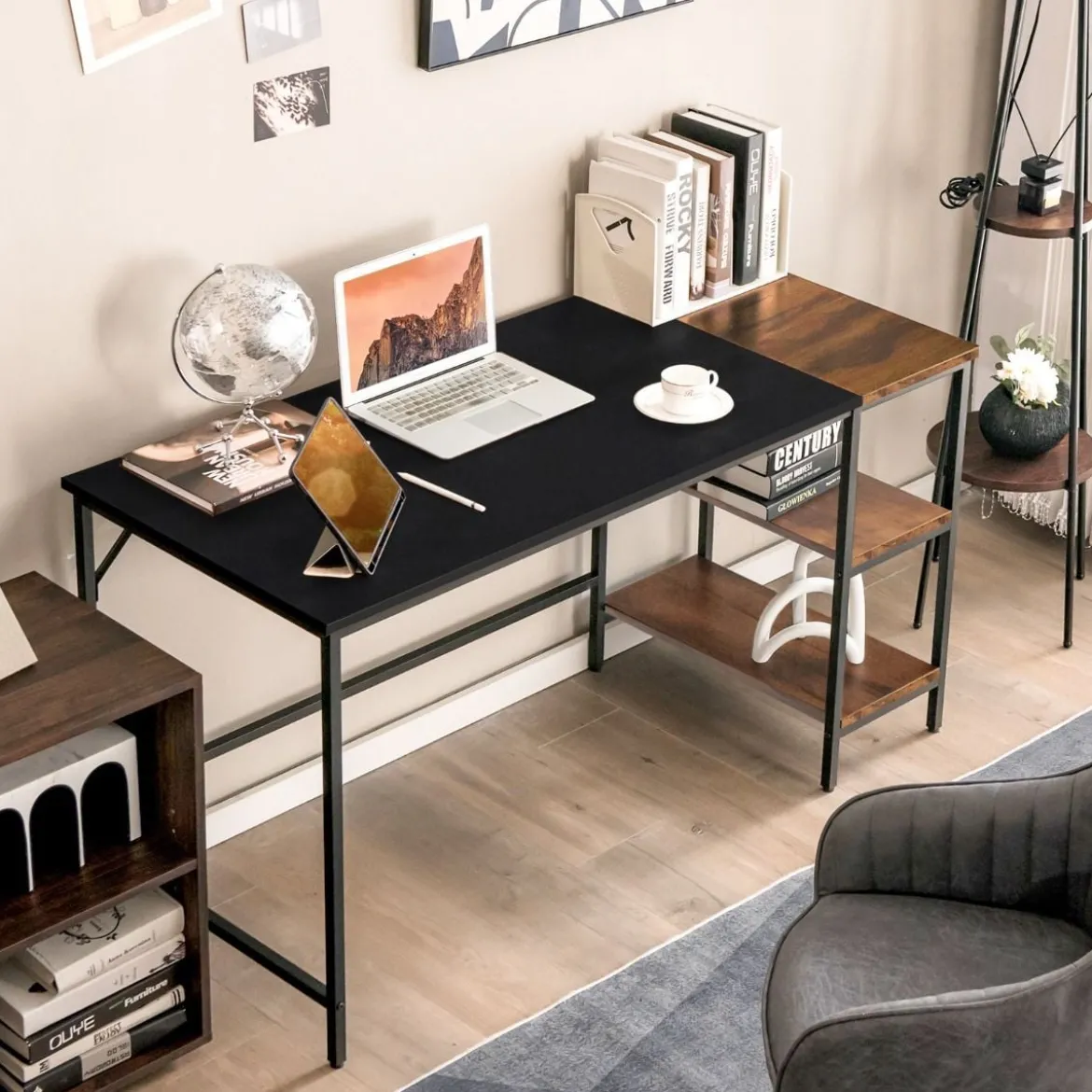 140 cm Schreibtisch mit Ablageflächen & Spleißplatte Computertisch Bürotisch PC-Tisch Braun