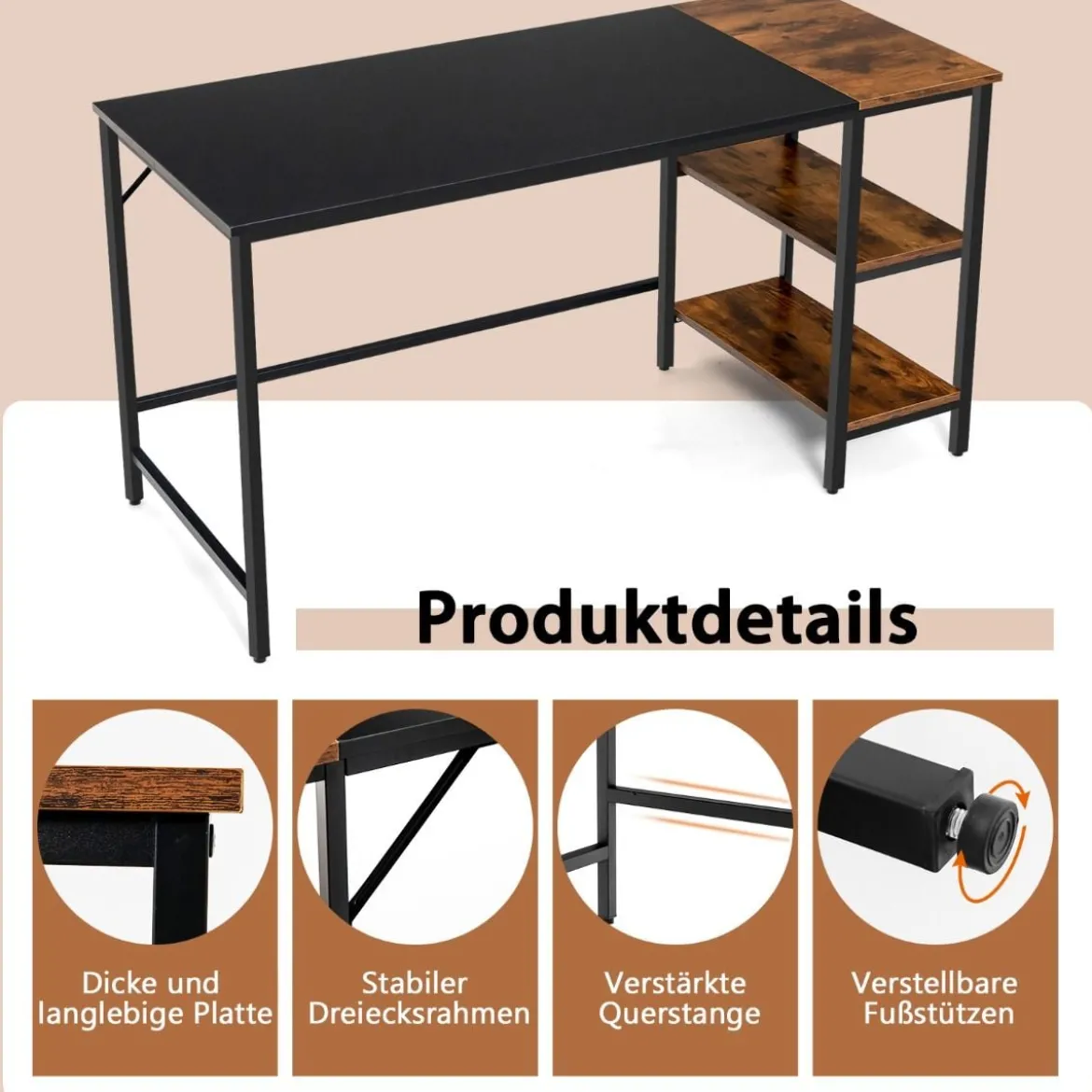 140 cm Schreibtisch mit Ablageflächen & Spleißplatte Computertisch Bürotisch PC-Tisch Braun