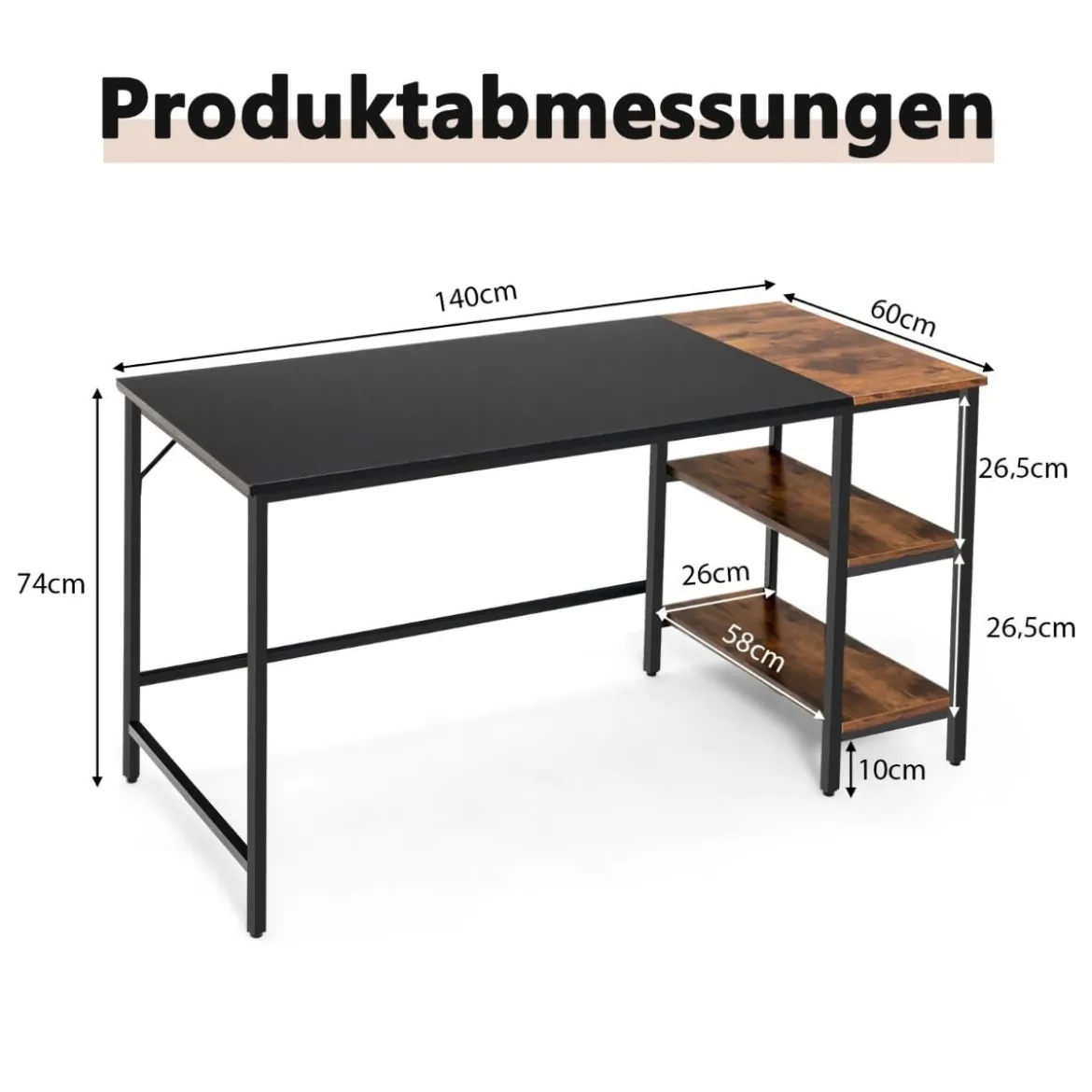 140 cm Schreibtisch mit Ablageflächen & Spleißplatte Computertisch Bürotisch PC-Tisch Braun
