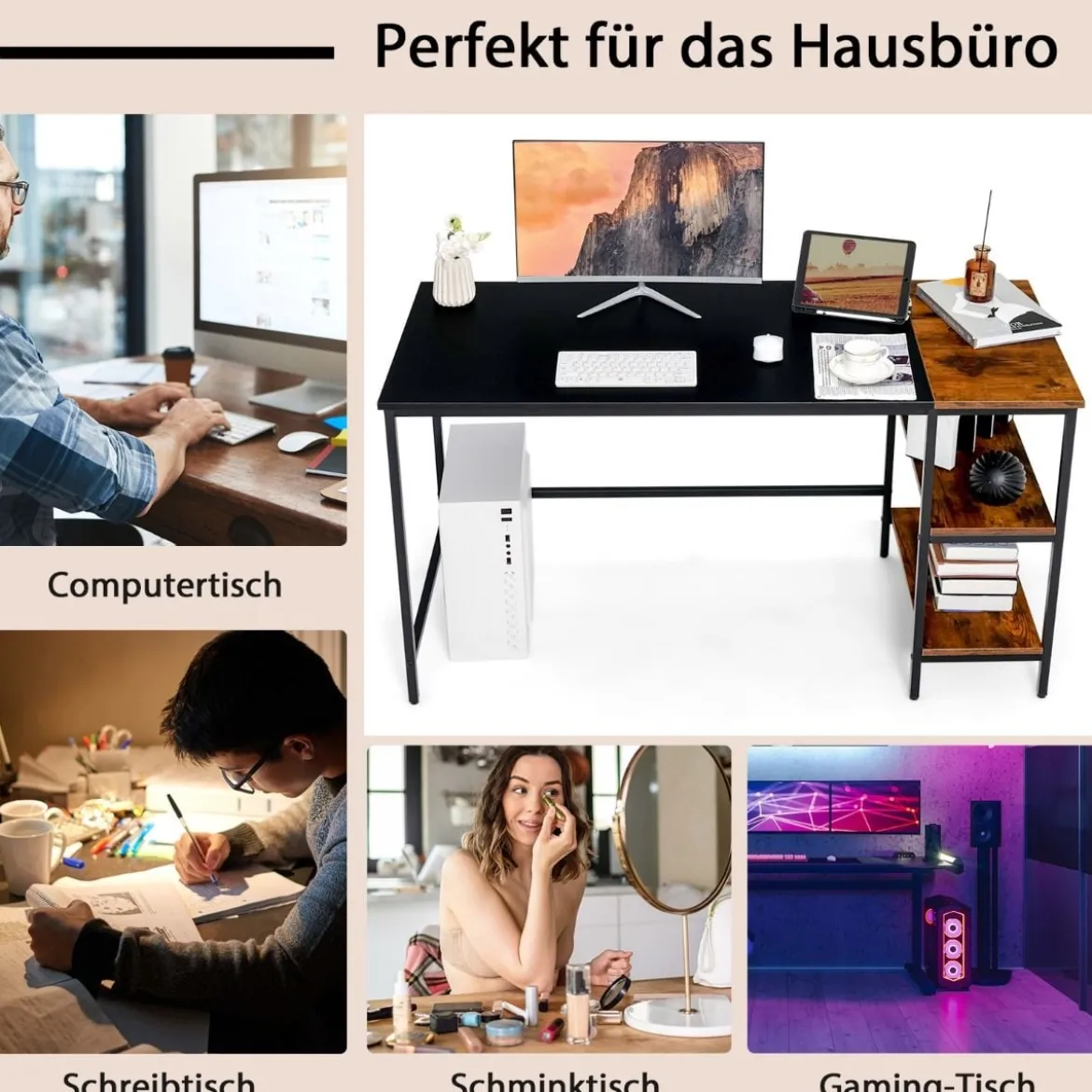 140 cm Schreibtisch mit Ablageflächen & Spleißplatte Computertisch Bürotisch PC-Tisch Braun
