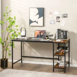 140 cm Schreibtisch mit Ablageflächen & Spleißplatte Computertisch Bürotisch PC-Tisch Braun