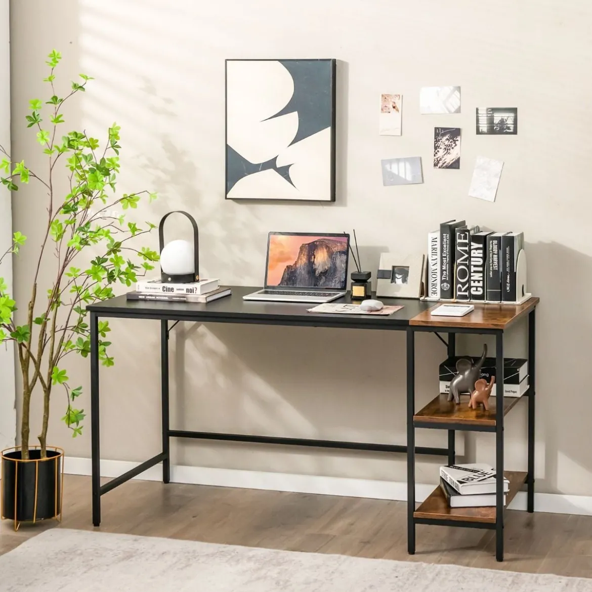 140 cm Schreibtisch mit Ablageflächen & Spleißplatte Computertisch Bürotisch PC-Tisch Braun