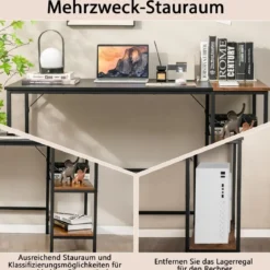 140 cm Schreibtisch mit Ablageflächen & Spleißplatte Computertisch Bürotisch PC-Tisch Braun