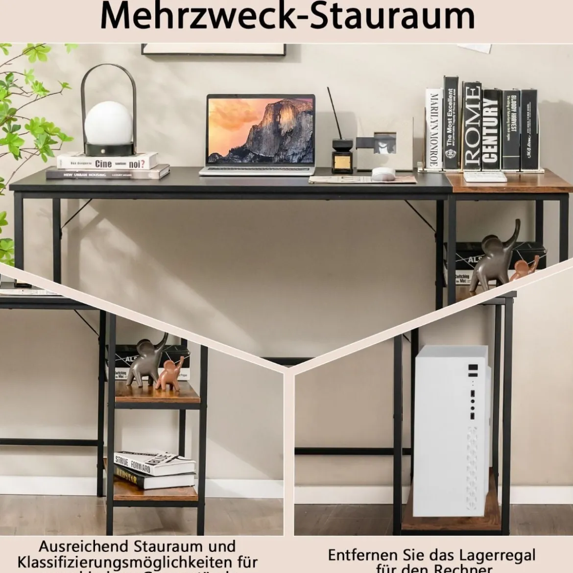 140 cm Schreibtisch mit Ablageflächen & Spleißplatte Computertisch Bürotisch PC-Tisch Braun