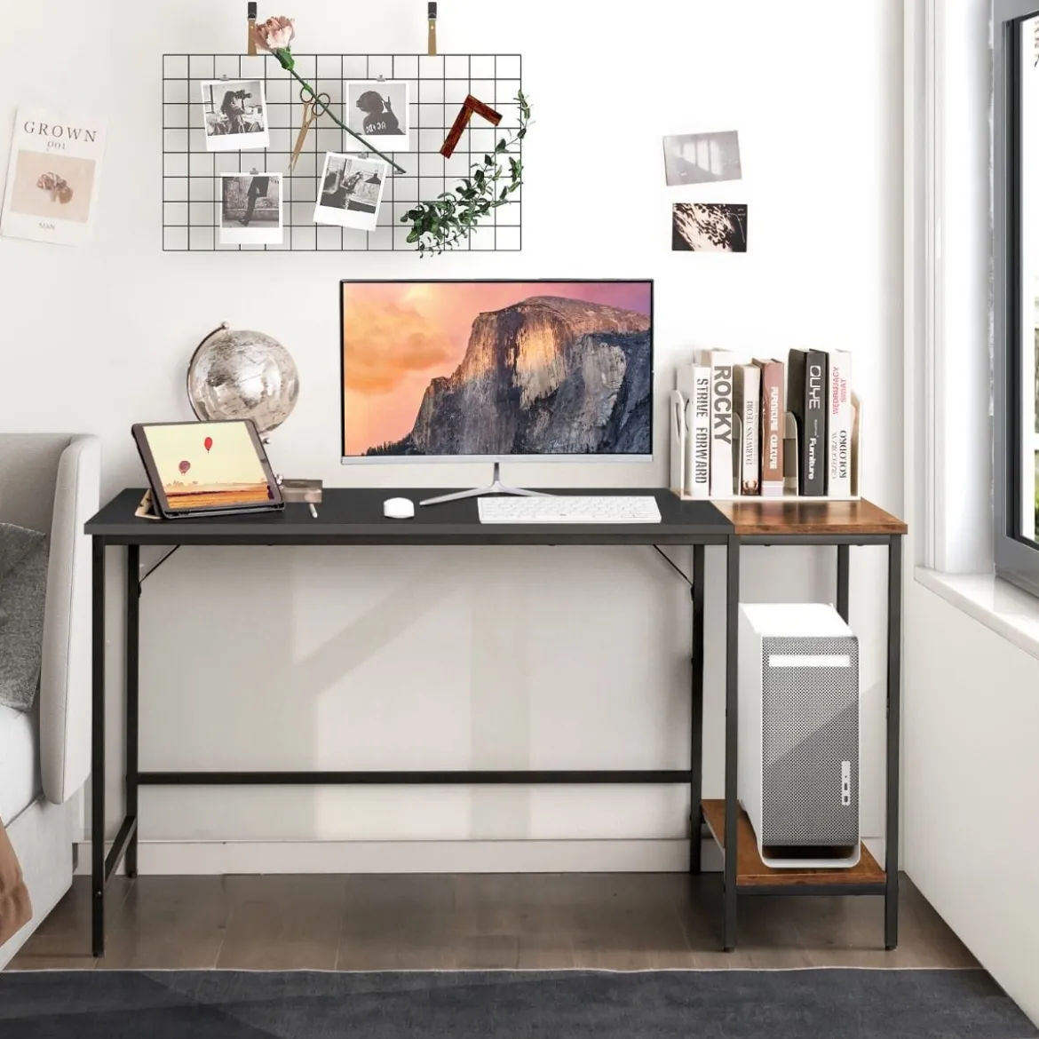 140 cm Schreibtisch mit Ablageflächen & Spleißplatte Computertisch Bürotisch PC-Tisch Braun