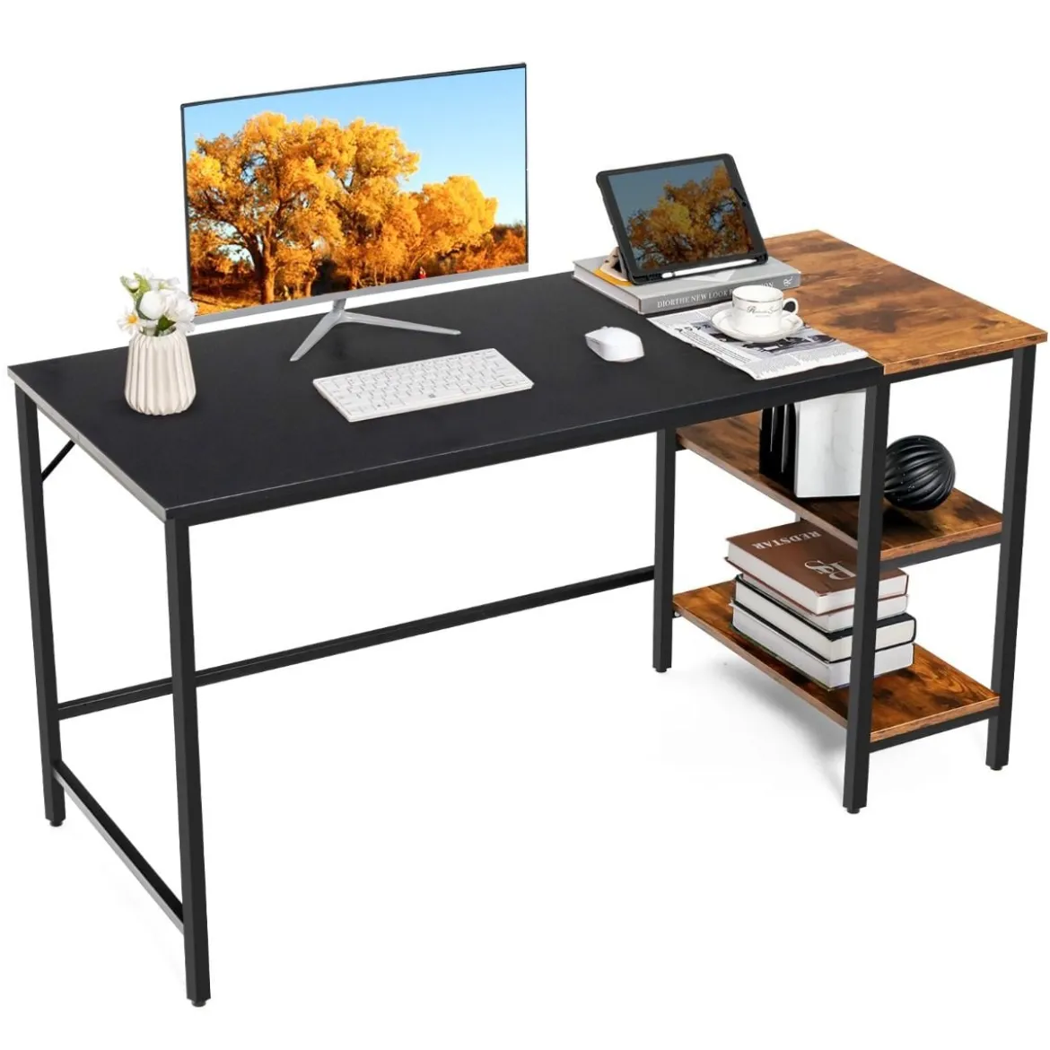 140 cm Schreibtisch mit Ablageflächen & Spleißplatte Computertisch Bürotisch PC-Tisch Braun