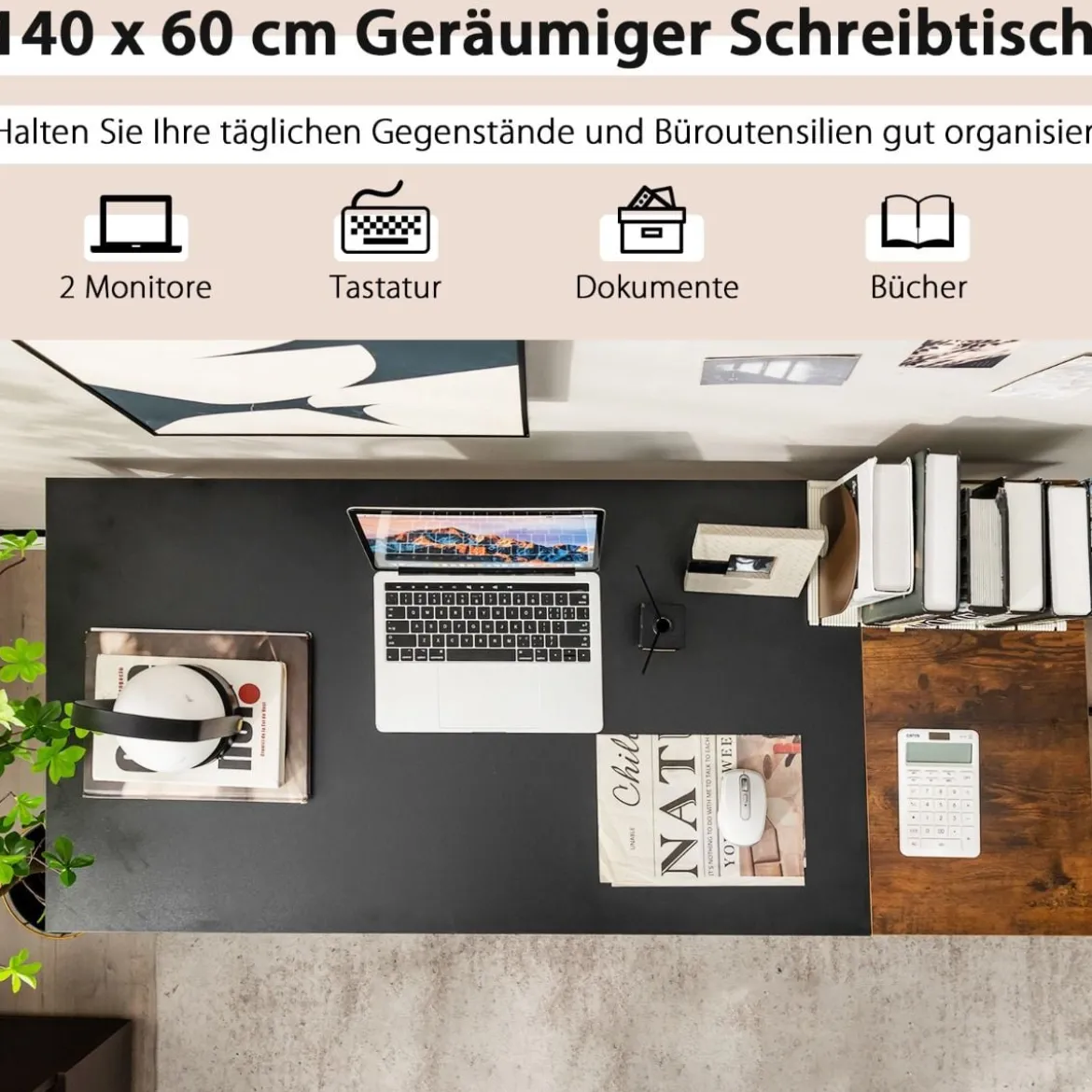 140 cm Schreibtisch mit Ablageflächen & Spleißplatte Computertisch Bürotisch PC-Tisch Braun