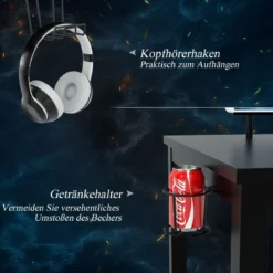 140cm Schreibtisch mit Monitorablage Computertisch Gaming Tisch mit Getränkehalter Kopfhörerhaken Schwarz