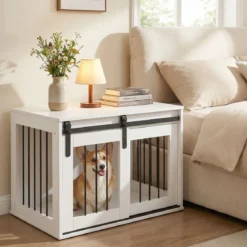 80 cm Schwere Hundebox mit Schiebetür im Scheunenstil Hundekäfig Möbel Seitentisch Weiß