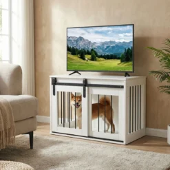 80 cm Schwere Hundebox mit Schiebetür im Scheunenstil Hundekäfig Möbel Seitentisch Weiß