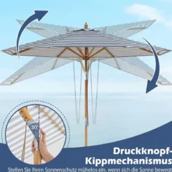 270 cm Sonnenschirm Beidseitig um 30° Knickbar Holz Gartenschirm Beige/Khaki Tan/Blau + Weiß Gestreift