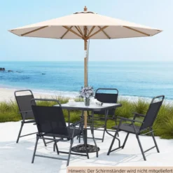 270 cm Sonnenschirm Beidseitig um 30° Knickbar Holz Gartenschirm Beige/Khaki Tan/Blau + Weiß Gestreift