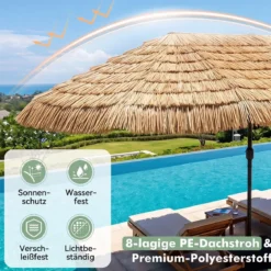 450 cm Sonnenschirm Hawaii Strohschirm mit Kurbel & 12 Metallrippen Gartenschirm mit Sonnenschutz Braun