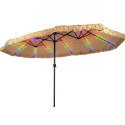 450 cm Sonnenschirm Hawaii Strohschirm mit Kurbel & 12 Metallrippen Gartenschirm mit LED-Leuchten