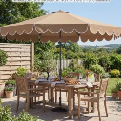 Ø300 cm Sonnenschirm mit Kurbel & Volant Gartenschirm Beidseitig um 30° Knickbar Beige/Braun/Rot