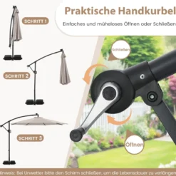 300 cm Sonnenschirm mit LED-Beleuchtung 9 Modi Ampelschirm mit Sandsäcken & Kurbel Neigungswinkel verstellbar Beige