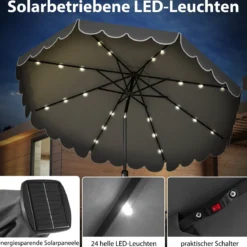 300 cm Sonnenschirm mit LED-Beleuchtung Gartenschirm mit Kurbel und Volant beidseitig um 35° knickbar Grau