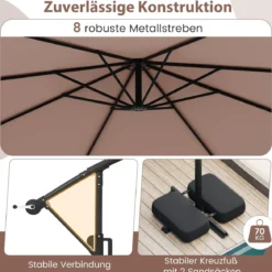 300 cm Sonnenschirm mit LED-Beleuchtung 9 Modi Ampelschirm mit Sandsäcken & Kurbel Neigungswinkel verstellbar Braun