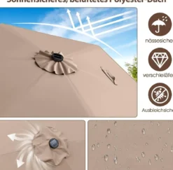230 cm Sonnenschirm mit LED Solar Beleuchtung & Kurbel Gartenschirm Marktschirm