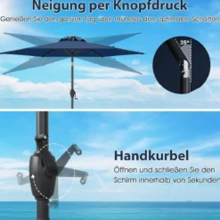 230 cm Sonnenschirm mit LED Solar Beleuchtung & Kurbel Gartenschirm Marktschirm