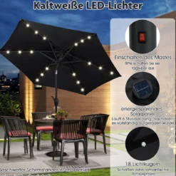 230 cm Sonnenschirm mit LED Solar Beleuchtung & Kurbel Gartenschirm Marktschirm