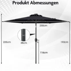230 cm Sonnenschirm mit LED Solar Beleuchtung & Kurbel Gartenschirm Marktschirm