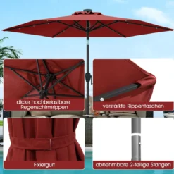 230 cm Sonnenschirm mit LED Solar Beleuchtung & Kurbel Gartenschirm Marktschirm