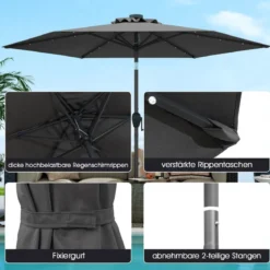230 cm Sonnenschirm mit LED Solar Beleuchtung & Kurbel Gartenschirm Marktschirm