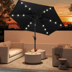 230 cm Sonnenschirm mit LED Solar Beleuchtung & Kurbel Gartenschirm Marktschirm