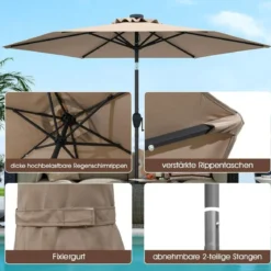 230 cm Sonnenschirm mit LED Solar Beleuchtung & Kurbel Gartenschirm Marktschirm