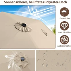 230 cm Sonnenschirm mit LED Solar Beleuchtung & Kurbel Gartenschirm Marktschirm