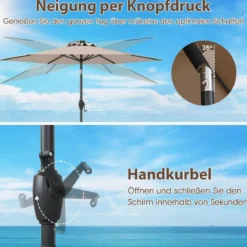 230 cm Sonnenschirm mit LED Solar Beleuchtung & Kurbel Gartenschirm Marktschirm