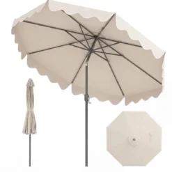 270 cm Sonnenschirm mit Rüschen & Handkurbel Terrassenschirm Beidseitig 30° Knickbar Marineblau/Braun/Beige