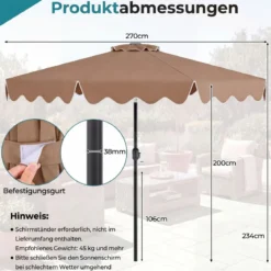 270 cm Sonnenschirm mit Rüschen & Handkurbel Terrassenschirm Beidseitig 30° Knickbar Marineblau/Braun/Beige