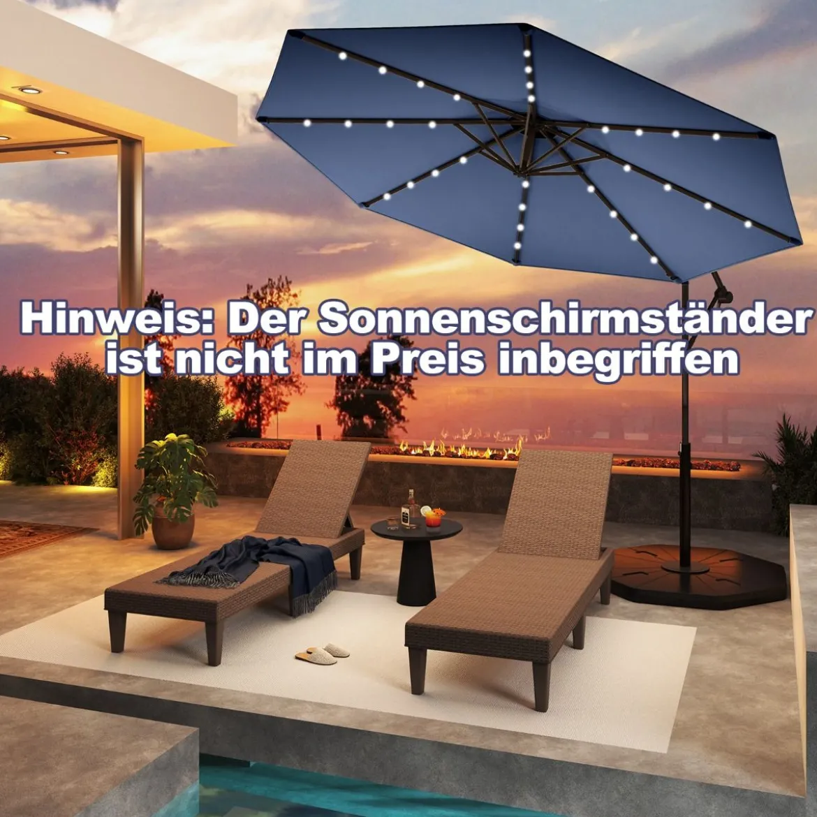 300 cm Sonnenschirm mit 32 Solar-LED-Leuchten & Kurbel Gartenschirm Marktschirm