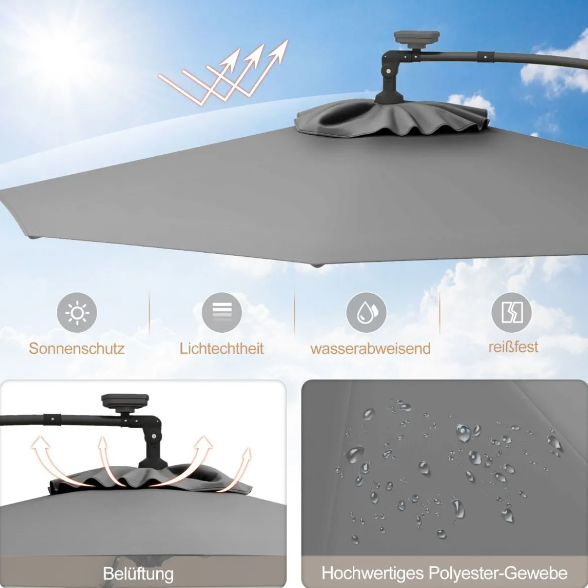 300 cm Sonnenschirm mit 32 Solar-LED-Leuchten & Kurbel Gartenschirm Marktschirm