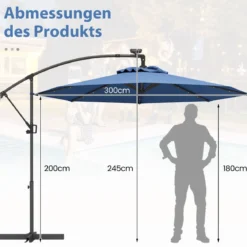 300 cm Sonnenschirm mit 32 Solar-LED-Leuchten & Kurbel Gartenschirm Marktschirm