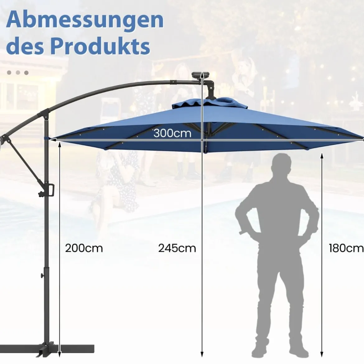300 cm Sonnenschirm mit 32 Solar-LED-Leuchten & Kurbel Gartenschirm Marktschirm