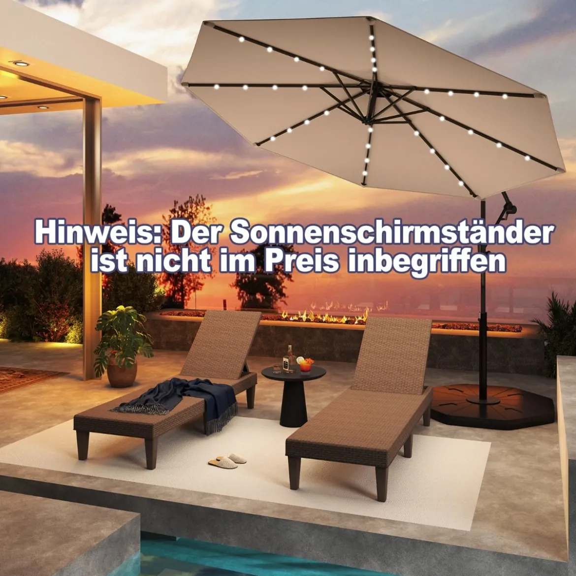 300 cm Sonnenschirm mit 32 Solar-LED-Leuchten & Kurbel Gartenschirm Marktschirm