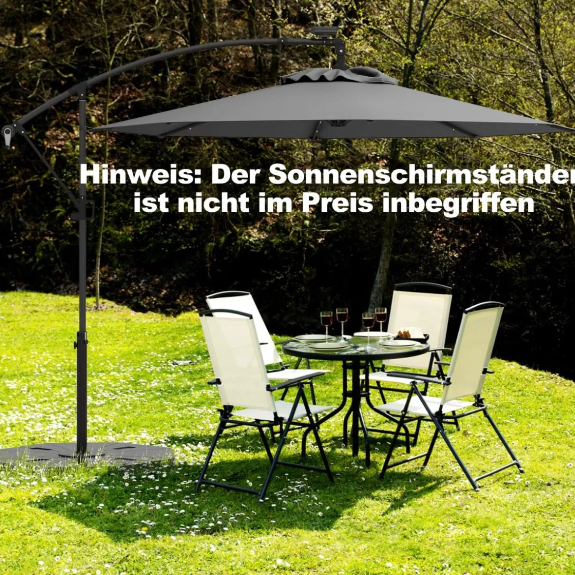 300 cm Sonnenschirm mit 32 Solar-LED-Leuchten & Kurbel Gartenschirm Marktschirm