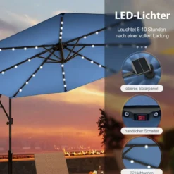 300 cm Sonnenschirm mit 32 Solar-LED-Leuchten & Kurbel Gartenschirm Marktschirm