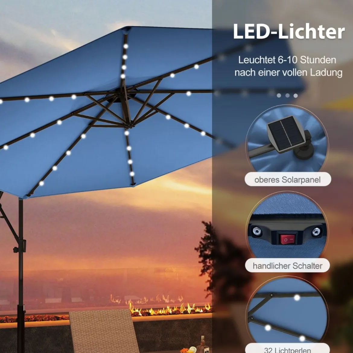 300 cm Sonnenschirm mit 32 Solar-LED-Leuchten & Kurbel Gartenschirm Marktschirm